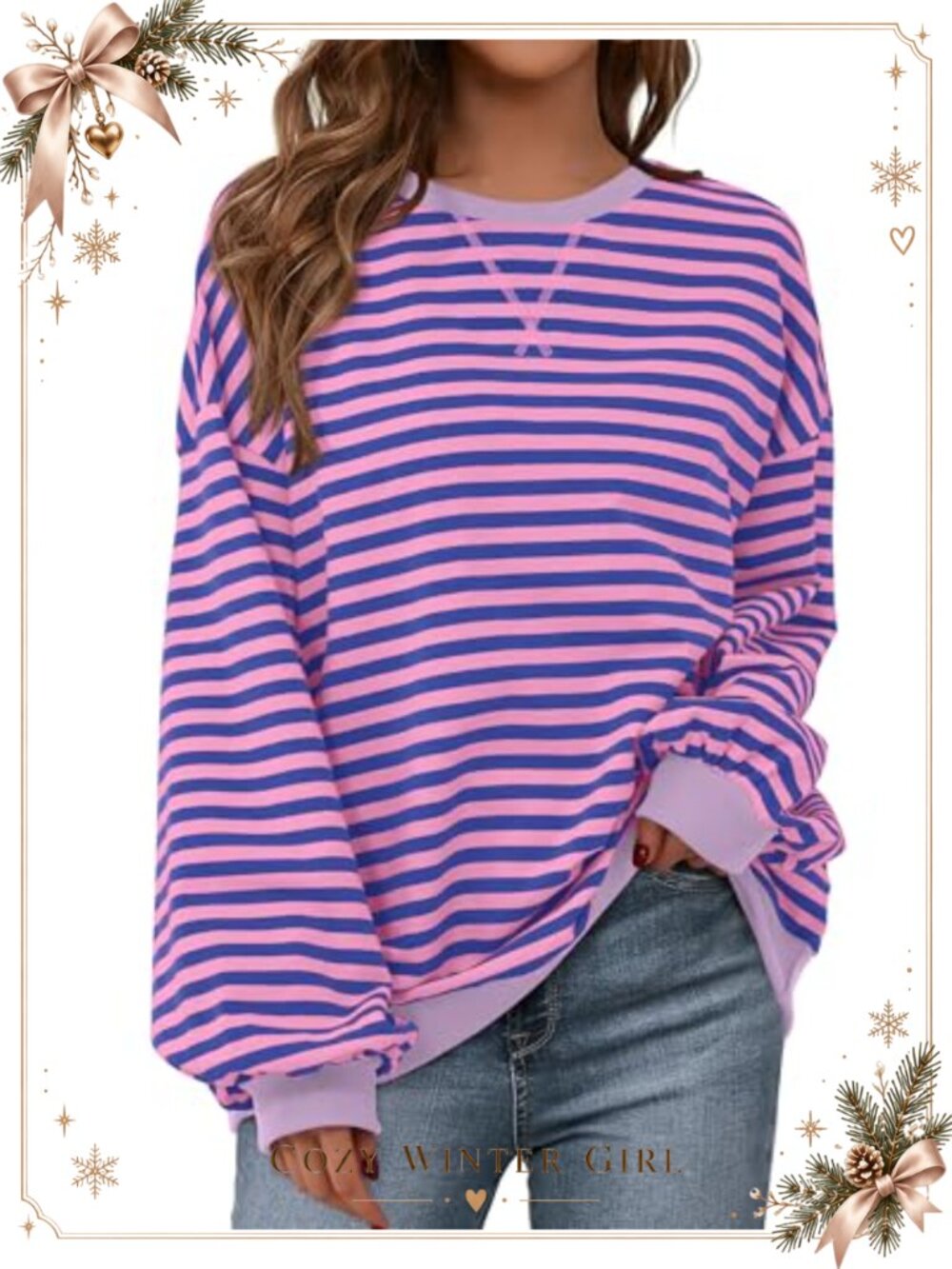 Oversized Striped Crewneck Sweatshirt Loose Fit Long Sleeve Pullover